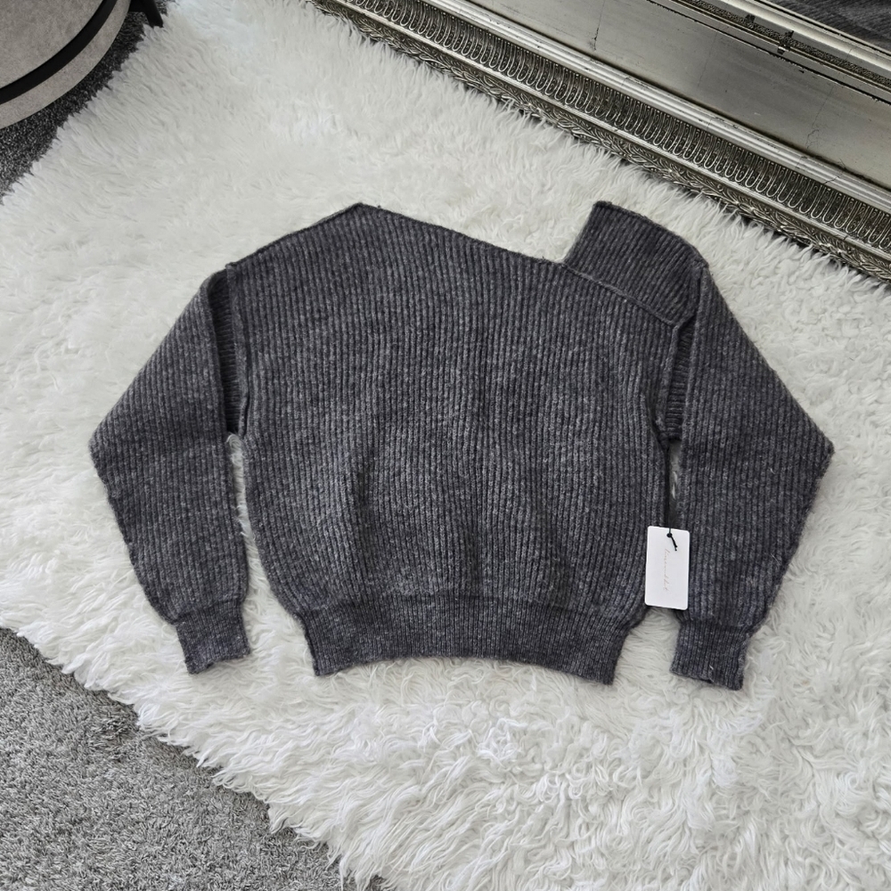 Line & Dot asymmetrical neckline ribbed knit sweater in Charcoal. Size Small. Ne